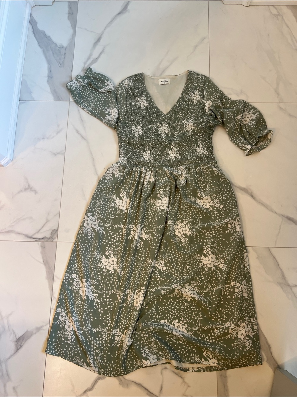Aura Olive Green Floral Smocked Midi Dress